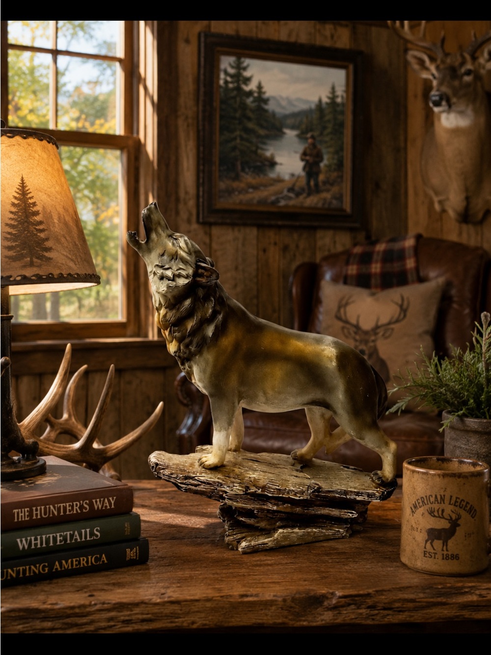 Large Vintage Howling Wolf On Cliff Edge 13" Resin